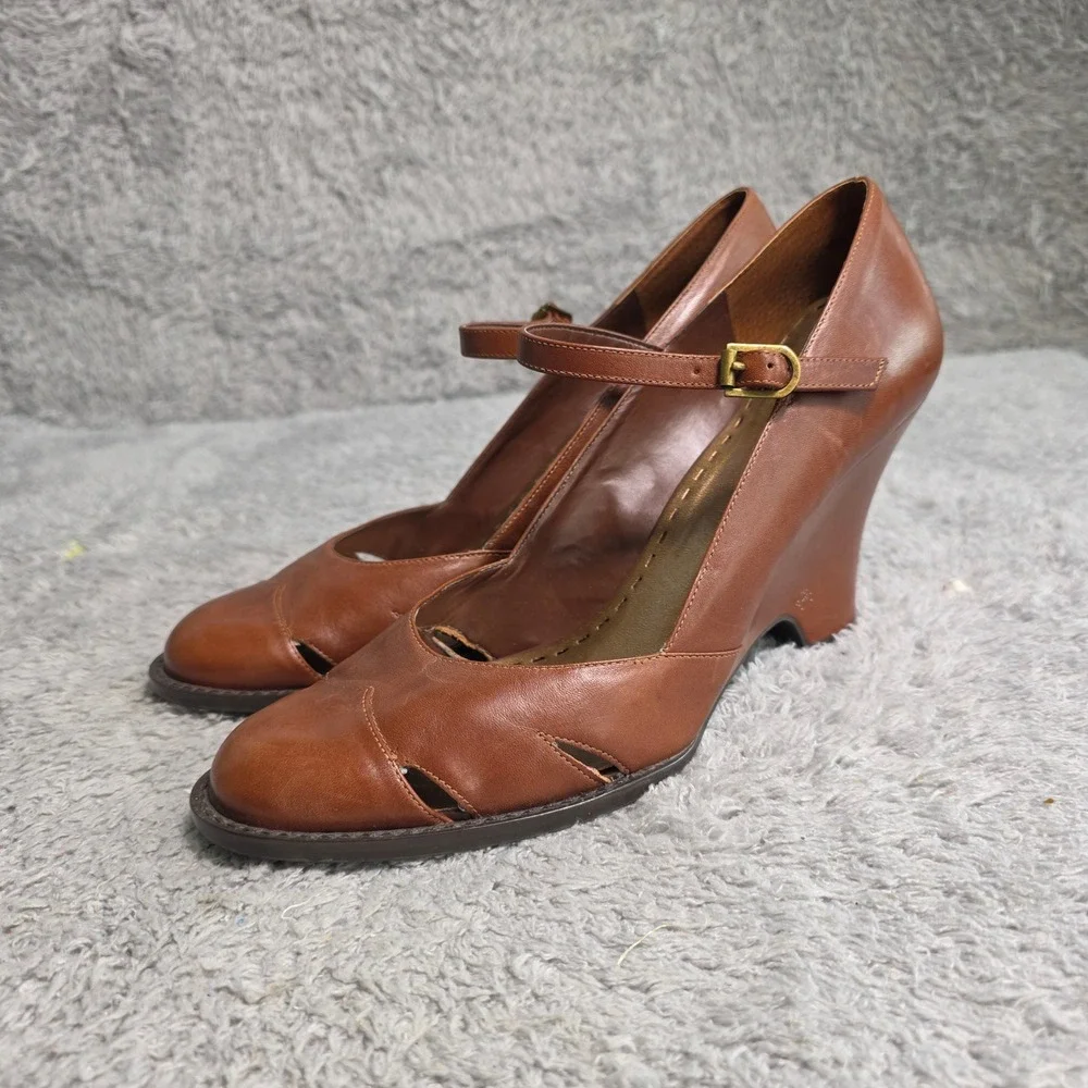 Gianni Bini Mary Jane Wedge Cognac Brown Leather Art Heels Womens 8.5M Excellent